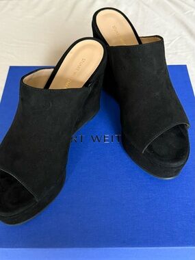 Stuart Weitzman Black Suede Open-Toe Wedge Mules NIB SZ 7.5